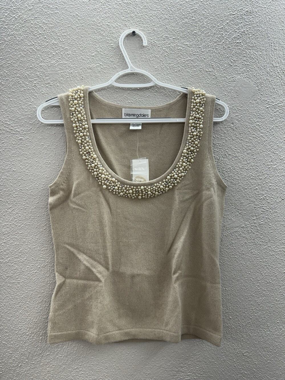 Bloomingdales Womens Tank Top Size Medium Champagne Cashmere Embellished NWT